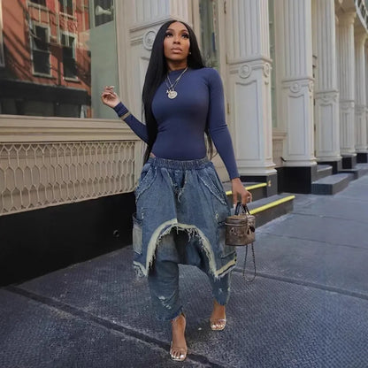 Jeans Women Harem Pants Hole Elastic Waist Tassels Washed Denim Pants Punk Y2k Streetwear 2025 Ripped Ankle Length Trousers