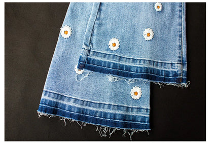 Women's Denim Bell Bottoms High Waist Tight Elastic Long Legs Daisy Embroidered Printed Spicy Girl Slim Straight Jeans UDUE