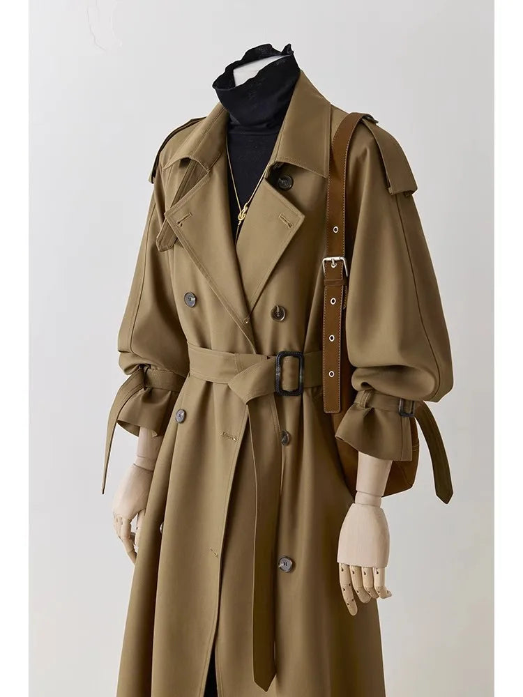 Lautaro Spring Autumn Oversized Khaki Long Trench Coat for Women Double Breasted Loose Casual Black Korean Fashion Overcoat 2025