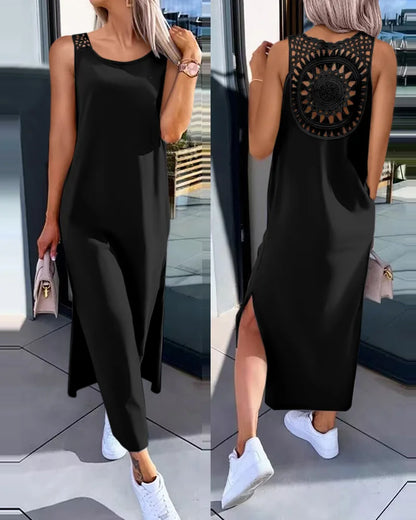 Spring Summer New Women's Clothing Solid Color V-neck Vest Back Lace Cutout Slit Casual Dress
