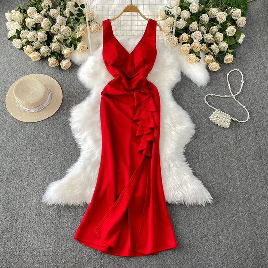 Elegant ruffle V-neck backless split Slim Party Club Vintage pencil dress Korean Fashion fairycore Women Clothes