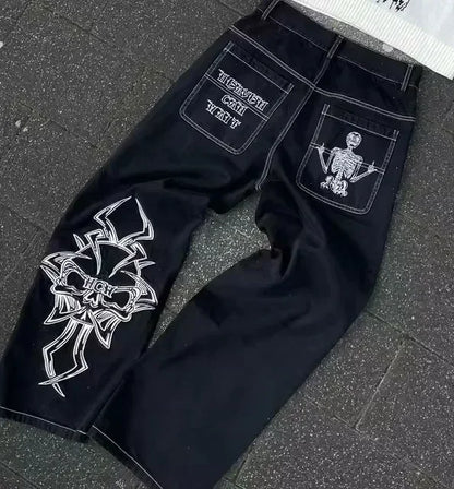 Y2k New Harajuku Retro Cherry Blossom Embroidered Blue Loose Jeans for Mens and Womens Gothic Fashion Low Waist Wide Leg Jeans