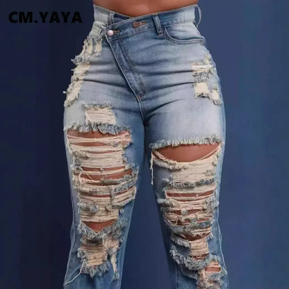 CM.YAYA Denim Pants Women Retro Sexy Hole Hollow Out Jeans Ripped out Pencil Trousers 2024 Street Skinny High Waist Lady Pant