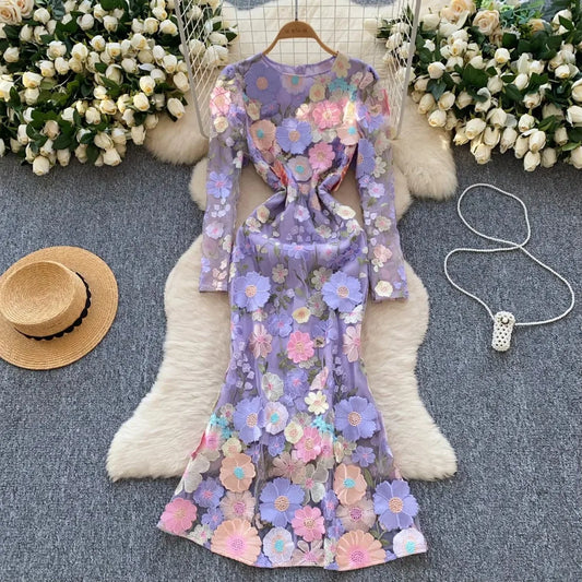 Elegant Three-dimensional Floral Embroidered Chic Long Sleeves Slim Mermaid Dresses Evening French High Street Women Clothing