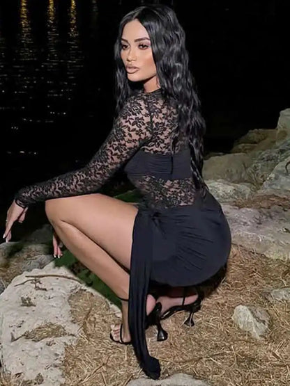 Fantoye Sexy See Through Lace Bandage Women Dress Black Long Sleeve Round Neck Dress Summer Skinny Elegant Party Club Dress 2025