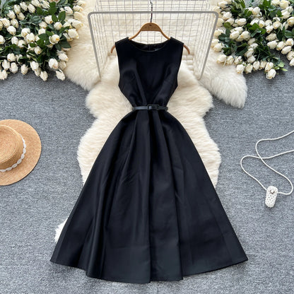 Chic O-Neck Vintage sleeveless Elegant evening dress High Waist Korean Fashion Vestidos  women clothing