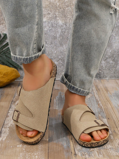 Men's Casual Simple Buckle Adjustable Set with Suede Upper Wood Grain Soft-Soled Slippers