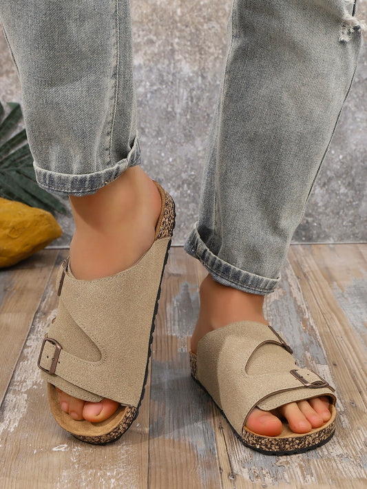 Men's Casual Simple Buckle Adjustable Set with Suede Upper Wood Grain Soft-Soled Slippers
