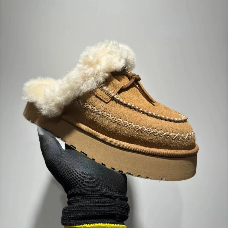 Genuine natural fur bare boots 2025 new winter flat wool shoes thick bottom lace decorative casual half drag Baotou drag