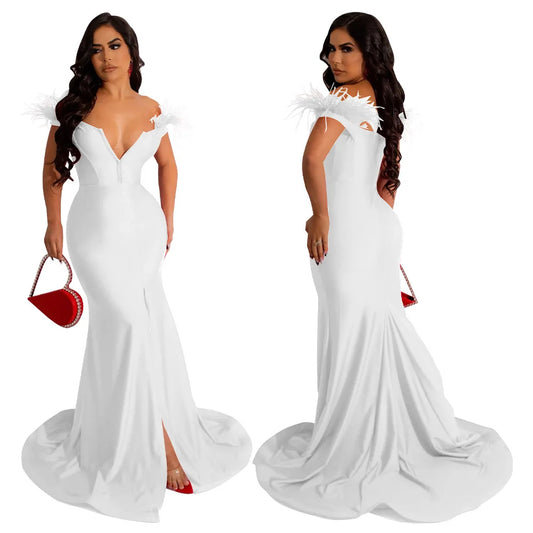 Sexy Strapless Long Maxi Dress Front Slit Bare Shoulder Women's Evening Summer Night Gown Party Dresses