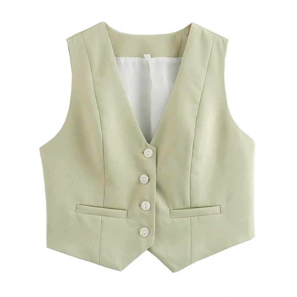 TRAFZA Fashion Women Vest Sleeveless Vests for Women Chic V-Neck Single-Breasted Ladies Elegant White Waistcoat Tops