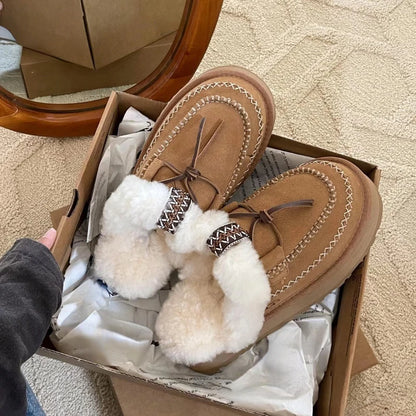 Genuine natural fur bare boots 2025 new winter flat wool shoes thick bottom lace decorative casual half drag Baotou drag
