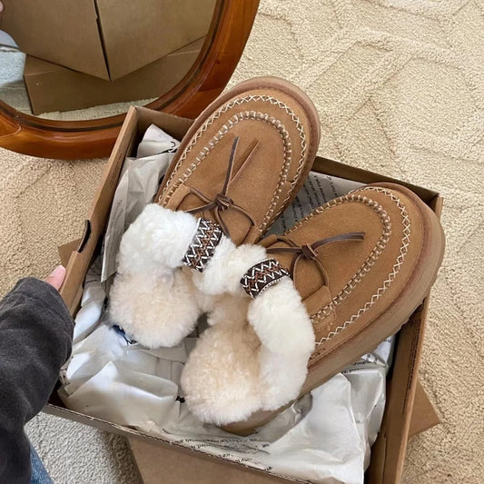 Genuine natural fur bare boots 2025 new winter flat wool shoes thick bottom lace decorative casual half drag Baotou drag