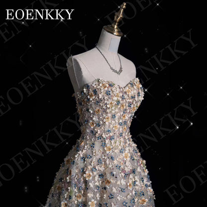 EOENKKY Gorgeous Prom Dress 3D Flower Floor Length Sweetheart Strapless Formal Graduation Gown A Line Customized فساتين سهرة
