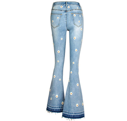 Women's Denim Bell Bottoms High Waist Tight Elastic Long Legs Daisy Embroidered Printed Spicy Girl Slim Straight Jeans UDUE