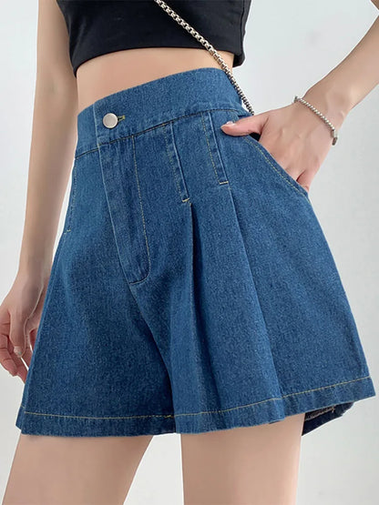DFRCAEG 2024 Summer Plus Size Denim Shorts For Women High Elastic Waist Blue Or Sky Blue Pleated Mini Large Size Short Femme