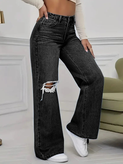Washed Personality Hole Loose High Waist Denim Wide-leg Pants,Women's Four Seasons New Classic Fashion Casual Floor-length Jeans