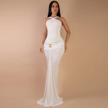 CM.YAYA Women Sleeveless Cross V-neck Ruched Stacked Midi Maxi Long Bodycon Dress 2025 Holiday Birthday Party Evening Dresses