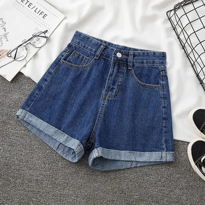 2022 New Spring Summer High-Waisted Slimming A- Line Denim Shorts Women's Loose-Fit Casual Heat Pants Rolled Edge Design