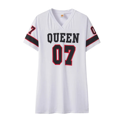 European and American CloThing Summer 07 LeTTer PrinTed Mid-lengTh T-shirT V Skin-friendly Milk Silk Collar Pullover ShorT-sl...