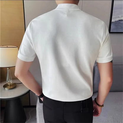 Summer Men's Polo Shirts Korean Style Fashion Turn Down Collar Solid Color Short Sleeve Slim Fit Polos Men Fake Two Pieces Tees