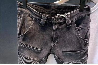 2025 New Autumn Winter Black Grey Men's High-End Motorcycle Long Pants Slim Patchwork Fold Designer Pencil Pants Casual Jeans