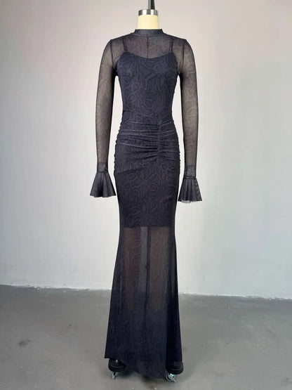 Women Full Sleeve Long Dress Lace Leopard See Through Ruched O-neck Evening Vestidos Sexy Party Maxi Dresses Vestidos