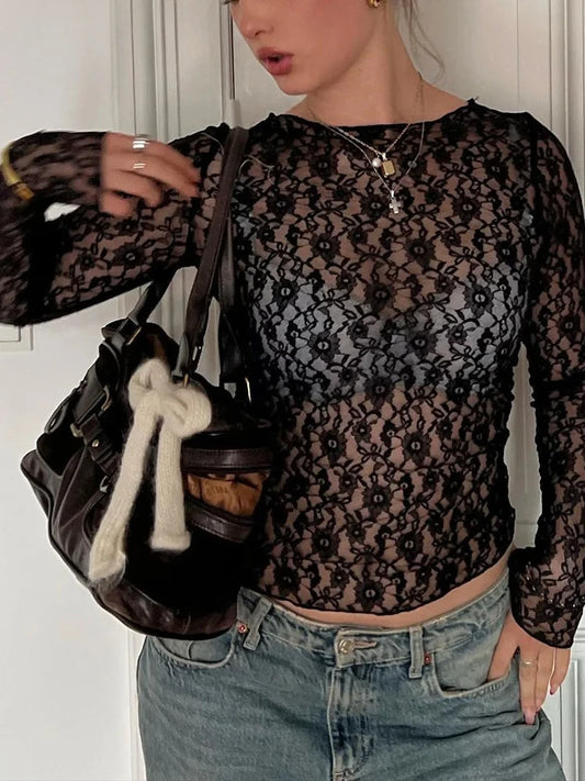 Mooyufon Long Sleeves See Through Lace Crop Top Solid Sexy Bodycon T-Shirt For Women Party Club Autumn Winter Clothes