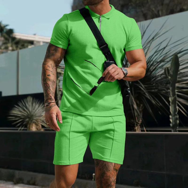 Fashion Casual Men's Short Sleeve Shorts Set Summer Breathable Solid Color Loose Lapel T-shirt Set Men Men Clothing