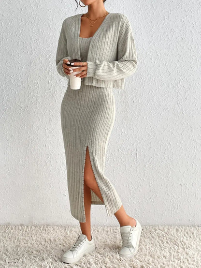 Autumn/Winter New Set Women's Fashion and Temperament Slim Fit Casual Long Sleeve Knitted Suspender Coat Dress